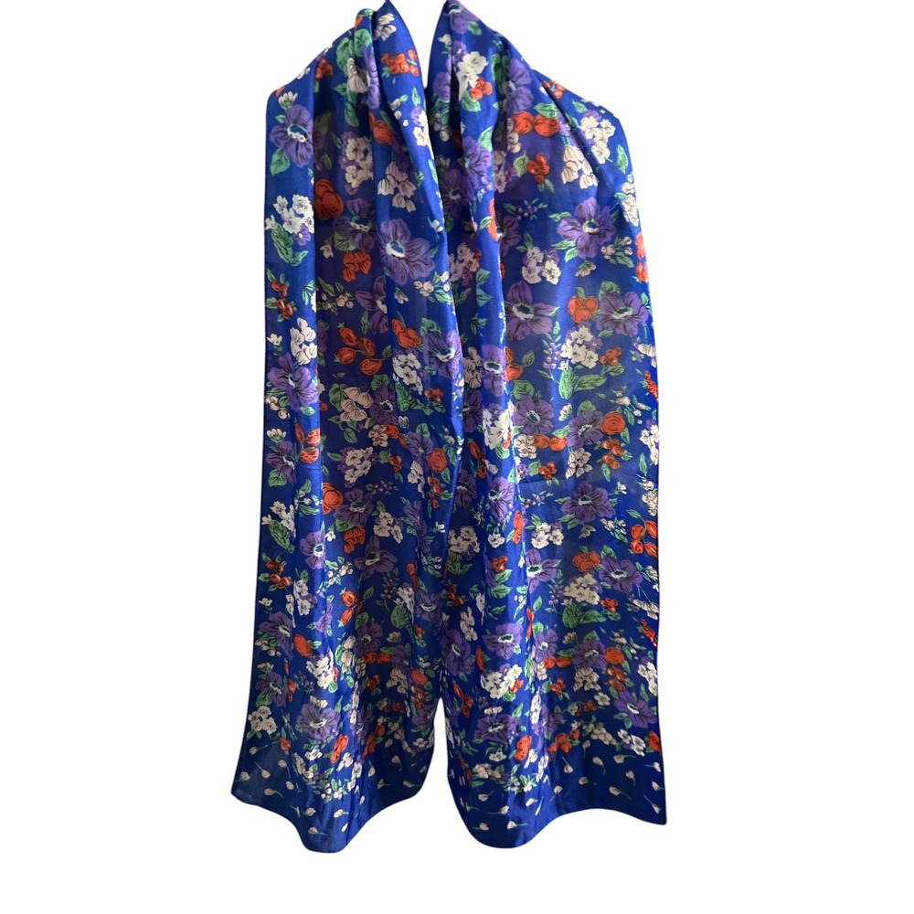 Vintage Blue Floral Scarf Botanical Print Silky Rectangular Wrap Purple Orange